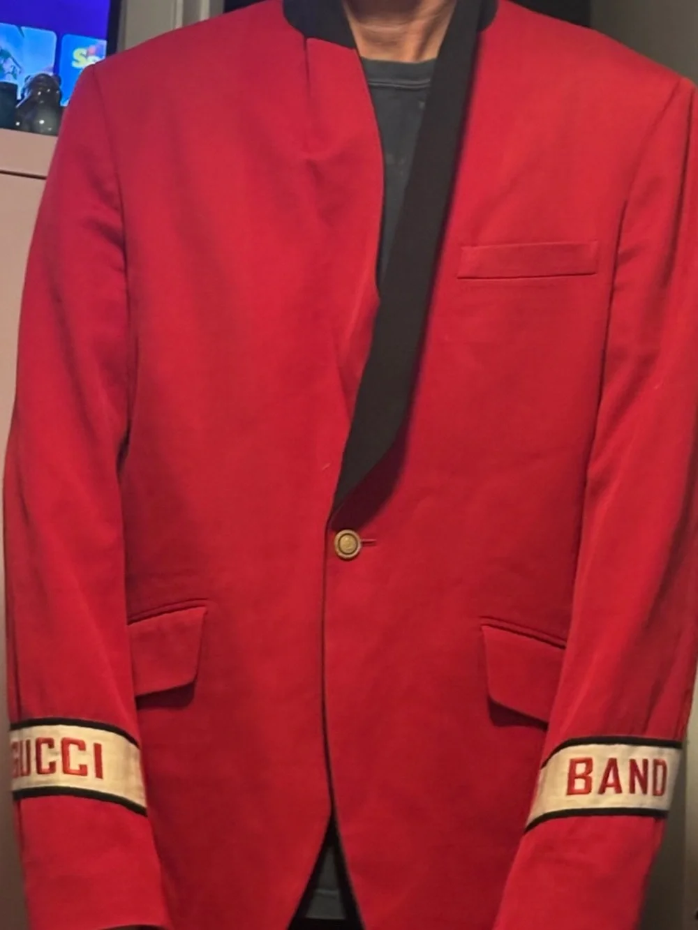 Gucci Red Blazer with Black Shawl Collar and Branded Sleeve Bands